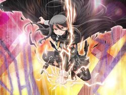  1girl black_boots black_cape black_hair black_shirt black_skirt black_sleeves boots cape card_(medium) cliff collared_cape debris detached_sleeves determined fighting_stance floating_cape floating_clothes floating_hair full_body game_asset hair_between_eyes high_collar knees_apart_feet_together light_particles lightning liz_hawkwood long_hair long_sleeves looking_down magia_record:_mahou_shoujo_madoka_magica_gaiden magical_girl mahou_shoujo_madoka_magica mahou_shoujo_tart_magica masu_gitsune miniskirt motion_blur necktie official_art orange_background pleated_skirt shirt skirt solo squatting thigh_boots torn_cape torn_clothes v-shaped_eyebrows very_long_hair white_wrist_cuffs wrist_cuffs yellow_eyes yellow_necktie 