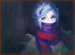  1boy blue_eyes blue_hair border brown_border commentary_request eyelashes grey_background grusha_(pokemon) highres jacket looking_to_the_side male_focus pokemon pokemon_scarlet_and_violet scarf scarf_over_mouth shigure_(pkmn12261485) short_hair solo striped_clothes striped_scarf upper_body yellow_jacket 