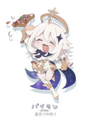  1girl :3 :d ^_^ absurdres blush boots bread bread_slice closed_eyes commentary_request double-parted_bangs drop_shadow food full_body genshin_impact hair_between_eyes halo highres holding holding_food long_sleeves no1shyv open_mouth paimon_(genshin_impact) romper short_hair simple_background single_thighhigh smile solo sparkle_hair_ornament thigh-highs toast translation_request white_background white_boots white_hair white_romper white_thighhighs yellow_halo 
