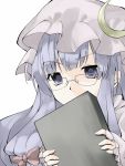  annoyed asumaro bad_id bespectacled book brooch covering covering_face covering_mouth crescent crescent_moon face glasses hat highres jewelry long_hair moon patchouli_knowledge portrait purple_eyes purple_hair simple_background sleeves_past_wrists solo touhou violet_eyes 