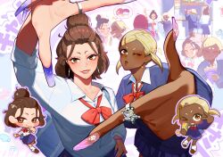  2girls absurdres ayase_momo blonde_hair bow bowtie breasts brown_eyes brown_hair chibi collared_shirt commentary_request dandadan dark-skinned_female dark_skin earrings fingernails flower_earrings food food_stand gyaru hair_bun hair_ornament hairclip half_updo highres holding holding_food holding_phone jewelry long_fingernails looking_at_viewer medium_breasts miko_(dandadan) muko_(dandadan) multiple_girls multiple_views nail_art parted_lips phone pink_nails pleated_skirt purple_nails purple_skirt purple_sweater red_bow red_bowtie school_uniform scrunchie shirt shirt_under_sweater short_twintails skirt smile sweater takakura_ken_(dandadan) tan twintails updo white_shirt wrist_scrunchie yuqi_non 