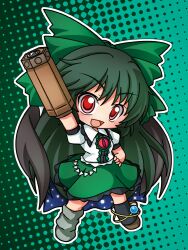  1girl :d arm_cannon arm_up black_socks blush bow brown_shoes chest_eye chibi chibi_only collared_shirt commentary_request frilled_skirt frills full_body green_background green_bow green_hair green_skirt hair_bow halftone halftone_background kneehighs long_hair open_mouth outline red_eyes reiuji_utsuho shinjitsu shirt shoes short_sleeves skirt smile socks solo standing touhou weapon white_outline white_shirt 