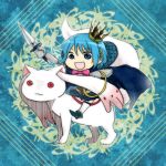  blue_eyes blue_hair cape chibi cosplay crown hair_ornament hairclip ko-hiko kyubey kyuubee mahou_shoujo_madoka_magica miki_sayaka oktavia_von_seckendorff oktavia_von_seckendorff_(cosplay) oktavia_von_seckendorff_(madoka_magica) riding short_hair smile spoilers sword weapon 