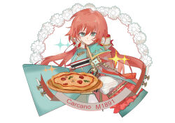  1girl absurdres aqua_eyes carcano_m1891_(girls'_frontline) character_name closed_mouth commentary_request food girls_frontline hair_between_eyes heituitui highres long_hair looking_at_viewer low_twintails military_uniform pizza red_pupils smile solo sparkle twintails 