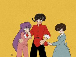  1boy 2girls arm_hug black_eyes black_hair black_pants blue_dress blue_eyes blush braid chinese_clothes commentary commentary_request double_bun dress fuurinkan_high_school_uniform girl_sandwich hair_bun kmr_doodle long_hair multiple_girls pants pink_pants pink_shirt pulling_another's_clothes purple_hair ranma_1/2 sandwiched saotome_ranma saotome_ranma_(male) school_uniform shampoo_(ranma_1/2) shirt short_hair single_braid tangzhuang tendou_akane v-shaped_eyebrows yellow_background 