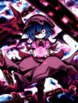  ayakashi_(monkeypanch) bat_wings blue_hair chain chains crazy_eyes glowing glowing_eyes grin hat heart hexagram highres magic_circle motion_blur pink_eyes remilia_scarlet short_hair slit_pupils smile solo stain touhou wings 