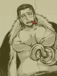  black_hair breasts cigar fur_coat genderswap grey_eyes hook_hand large_breasts monochrome nnq one_piece sir_crocodile 