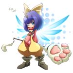  arms_behind_back blue_hair bodysuit bow cat_paw chaps character_name child crombaster eiko_carol final_fantasy final_fantasy_ix hair_ribbon horn navel ribbon shoes short_hair smile solo wand wings 