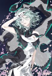  1girl absurdres aqua_eyes aqua_hair arcaea bare_shoulders black_cape black_shawl blue_background cape commentary dagger dress falling_petals flower flower_on_face flower_over_eye gloves highres holding holding_dagger holding_knife holding_weapon knife layered_dress looking_at_viewer off-shoulder_dress off_shoulder one_eye_covered open_mouth petals saya_(arcaea) shawl short_hair sleeveless sleeveless_dress solo upper_body weapon white_cape white_dress white_gloves xettia 