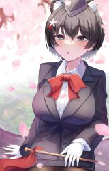  1girl :o absurdres animal_ear_fluff animal_ears arm_at_side black_hair black_hat black_jacket black_pantyhose black_skirt black_suit blue_archive blush bow bowtie breasts cherry_blossoms collared_shirt commentary_request cowboy_shot day dress_shirt extra_ears falling_petals garrison_cap gloves grey_eyes hair_between_eyes hat highres jacket large_breasts long_sleeves miniskirt oiru_(613) open_mouth outdoors pantyhose pencil_skirt petals raccoon_ears raccoon_girl red_bow red_bowtie shirt short_hair sitting skirt solo spring_(season) suit suit_jacket tsubaki_(blue_archive) tsubaki_(guide)_(blue_archive) white_gloves white_shirt 