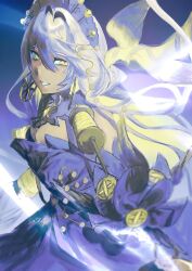  1girl arcaea bare_shoulders black_dress commentary dark_skin detached_collar detached_sleeves dress frilled_hairband frilled_sleeves frills hairband helena_(arcaea) highres justcopyy large_earrings long_hair looking_at_viewer sleeveless sleeveless_dress solo spool upper_body white_hair yellow_eyes 