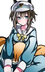  1girl animal_ears blue_eyes blue_pajamas blue_pants blue_shirt blush bow breasts brown_hair cheval_grand_(umamusume) closed_mouth collarbone commentary_request ear_covers ears_through_headwear hair_between_eyes hat hat_belt highres horse_ears horse_girl kikkasoon long_sleeves looking_at_viewer medium_breasts multicolored_hair pajamas pants peaked_cap shirt short_hair_with_long_locks simple_background solo streaked_hair stuffed_carrot umamusume white_hair white_hat white_streaks yellow_bow 