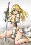  bikini_armor blonde_hair boots breasts cape cleavage fingerless_gloves gauntlets gloves green_eyes legs long_hair mole_(pixiv2875384) original pauldron pauldrons r-gray_(ash-to_ash) shoulder_guards solo sword thighs weapon 