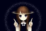  1girl black_background bow braid brown_hair halo index_finger_raised looking_at_viewer original personification planet planetary_ring reflective_eyes sasasasa saturn simple_background sleeveless solo star star_trail twin_braids violet_eyes 