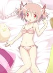  :o bed bra kaname_madoka lingerie lying mahou_shoujo_madoka_magica mocchi on_back panties pillow pink_bra pink_hair pink_panties red_eyes short_hair solo stuffed_animal stuffed_toy twintails underwear underwear_only 