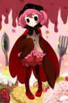  blush_stickers cape charlotte_(madoka_magica) doughnut food fork frown fruit highres kanzou mahou_shoujo_madoka_magica mary_janes pantyhose personification pink_hair shoes short_twintails spoon strawberry twintails 