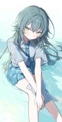  1girl :/ bare_legs feet_out_of_frame gakuen_idolmaster green_eyes green_hair green_necktie green_skirt grey_shirt hair_flaps highres idolmaster long_hair looking_at_viewer necktie ningen_mame plaid_clothes plaid_skirt pleated_skirt school_uniform shirt short_sleeves sitting skirt solo tsukimura_temari very_long_hair 
