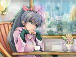  chin_rest cup flower ganaha_hibiki hands_clasped hands_together hoshii_miki idolmaster interlocked_fingers issei motor_vehicle rain saucer shijou_takane street table truck umbrella vehicle window 