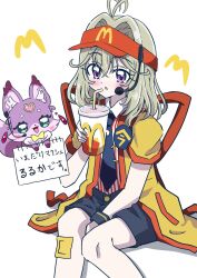  1girl antenna_hair blush cosplay drink drinking drinking_straw employee_uniform fast_food_uniform grey_hair hat headset highres holding holding_drink imadake_dabuchi_tabemi imadake_dabuchi_tabemi_(cosplay) long_hair looking_at_viewer mashu-tan mcdonald's meitantei_precure! moria_luluka necktie open_mouth p51p_mustang precure red_visor_cap shirt shorts smile striped_clothes striped_shirt twintails vertical-striped_clothes vertical-striped_shirt violet_eyes visor_cap white_shirt yellow_happi 