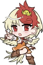  1girl :o animal_on_head baby_animal bird bird_girl bird_on_head bird_tail bird_wings blonde_hair blush boots brown_boots chibi chibi_only chick full_body juliet_sleeves long_sleeves looking_at_viewer mirei_(miirei) multicolored_hair neckerchief niwatari_kutaka on_head open_mouth orange_skirt outstretched_arm pointing puffy_sleeves red_eyes red_hair red_neckerchief short_hair simple_background skirt solo standing standing_on_one_leg tail touhou transparent_background two-tone_hair whistle whistle_around_neck wings 