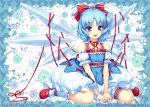  adapted_costume ahoge bad_id bare_shoulders blue_eyes blue_hair blush bow cirno dress fang hair_bow leg_garter nail_polish open_mouth ribbon ribbon_choker sayori short_hair sitting smile solo touhou v_arms wariza wings 