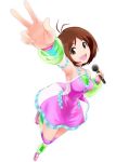  arm_up armpits bare_shoulders brown_eyes brown_hair cosmic_&amp;_funny_(idolmaster) foreshortening hidaka_ai idolmaster idolmaster_dearly_stars issei microphone open_mouth short_hair smile solo v 