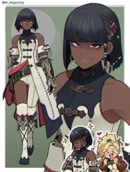  2girls asymmetrical_hair bare_shoulders belt black_hair blonde_hair blush bob_cut braid breasts closed_eyes commentary_request crop_top cropped_jacket dark-skinned_female dark_skin earrings facepaint gauntlets gemma_(monster_hunter_wilds) gloves goggles goggles_around_neck hair_ornament highres jacket jewelry long_hair looking_at_viewer mh_mogutory monster_hunter_(series) monster_hunter_wilds multiple_girls nadia_(monster_hunter_wilds) navel open_clothes open_mouth pants ponytail sleeveless smile very_dark_skin white_pants 