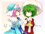  2girls bow breasts green_hair hat kazami_yuuka multiple_girls parasol peppermint_brick pink_hair plaid red_eyes ribbon saigyouji_yuyuko scarf short_hair stare tartan touhou umbrella youkai 