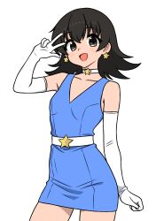  1girl 64vii azumanga_daioh bare_shoulders belt black_eyes black_hair blue_dress borrowed_character choker collarbone commentary cosplay dress earrings elbow_gloves english_commentary gloves highres idol jewelry long_hair looking_at_viewer open_mouth original short_dress simple_background sleeveless sleeveless_dress solo standing star_(symbol) star_choker star_earrings takino_tomo v white_background white_belt white_choker 