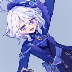  1girl absurdres ascot black_ascot blue_ascot blue_gem blue_hat blue_jacket blue_pupils commentary_request cowlick drop-shaped_pupils eyelash_ornament furina_(genshin_impact) gem genshin_impact hair_between_eyes hat heterochromia highres hydro_symbol_(genshin_impact) jacket k_u_r_a_n mismatched_pupils ouji_fashion symbol-shaped_pupils top_hat vision_(genshin_impact) white_hair 