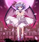  absurdres bat_wings blue_hair dress full_moon hat highres marotti moon outstretched_hand pink_dress red_eyes remilia_scarlet scarlet_devil_mansion smile solo touhou wings 