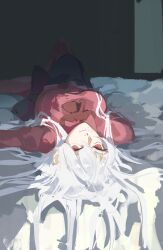  1girl absurdres ascot black_skirt colored_eyebrows commentary eien_001 fate/strange_fake fate_(series) hair_between_eyes highres knee_up long_hair looking_at_viewer on_bed pantyhose philia_(fate) red_ascot red_eyes red_pantyhose red_shirt shirt skirt solo white_hair 