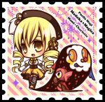  blonde_hair charlotte_(madoka_magica) chibi detached_sleeves drill_hair hair_ornament hat highres kuzuhara_kazuya magical_girl mahou_shoujo_madoka_magica multicolored_eyes postage_stamp puffy_sleeves stamp tomoe_mami vertical-striped_legwear vertical-striped_thighhighs vertical_stripes yellow_eyes 