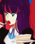  cake eating food fork fruit kite-mitiko panty_&amp;_stocking_with_garterbelt purple_hair simple_background stocking_(character) stocking_(psg) strawberry 