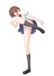  brown_hair kicking kneehighs original panties pantyshot pink_panties school_uniform short_hair skirt solo underwear yamamoto_shima 