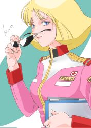  1girl artist_name blonde_hair blue_eyes breasts character_name collared_jacket commentary_request cross earth_federation glasses gundam highres holding holding_notebook holding_removed_eyewear jacket kico_factory lips long_sleeves looking_at_viewer military military_uniform mobile_suit_gundam name_tag notebook pink_jacket red_cross sayla_mass shoulder_boards simple_background small_breasts smile solo sunglasses unworn_eyewear upper_body 