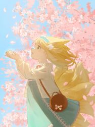  1girl animal_ears arknights bag blonde_hair blue_hairband brown_bag cardigan cherry_blossoms commentary_request cross-laced_clothes cross-laced_skirt fox_ears fox_girl fox_tail frilled_hairband frills green_eyes hairband highres kitsune long_sleeves motoha official_alternate_costume open_clothes open_mouth outdoors shoulder_bag skirt solo spring_(season) suzuran_(arknights) suzuran_(spring_praise)_(arknights) tail 