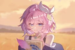  1girl absurdres as_i've_written_(honkai:_star_rail) bare_shoulders blurry blurry_background book chinese_commentary coat commentary_request cyrene_(honkai:_star_rail) cyrene_(philia093)_(honkai:_star_rail) hair_ornament highres holding holding_book holding_quill honkai:_star_rail honkai_(series) jewelry looking_at_viewer medium_hair multicolored_hair necklace orange_sky pink_hair purple_coat quill sky smile solo two-tone_hair upper_body wheat_field white_hair xiaoguiyebosheng 
