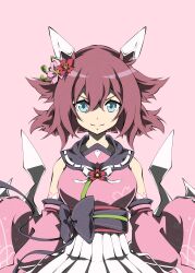  1girl animal_ears blue_eyes breasts brown_hair closed_mouth detached_sleeves flower hair_between_eyes hair_flaps hair_flower hair_ornament highres horse_ears horse_girl japanese_clothes kimono looking_at_viewer medium_breasts medium_hair pink_hair pink_kimono pink_sleeves sakura_chiyono_o_(strength_in_full_bloom)_(umamusume) sakura_chiyono_o_(umamusume) simple_background skirt sleeveless sleeveless_kimono smile solo umamusume white_skirt zukki_(bijitaru) 