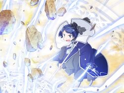  1girl attack black_hat black_veil black_wrist_cuffs blue_dress blue_eyes blue_hair capelet card_(medium) clouds cloudy_sky debris determined dot_nose dress electricity fleur-de-lis floating floating_clothes floating_hair full_body game_asset grey_dress grey_necktie hat holding holding_polearm holding_weapon layered_dress light_blush long_dress long_sleeves looking_ahead lower_teeth_only magia_record:_mahou_shoujo_madoka_magica_gaiden magic_circle magical_girl mahou_shoujo_madoka_magica mahou_shoujo_tart_magica masu_gitsune melissa_de_vignolles mini_hat mini_top_hat mole mole_under_eye necktie official_art open_mouth pleated_dress polearm rock shoes short_hair sky sleeveless sleeveless_dress solo teeth top_hat turtleneck turtleneck_dress v-shaped_eyebrows veil weapon white_capelet white_shoes wrist_cuffs yellow_sky 