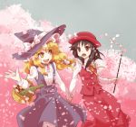  adapted_costume basket black_hair blonde_hair brown_eyes cherry_blossoms gohei hakurei_reimu hand_holding hat holding_hands kirisame_marisa mecco multiple_girls touhou witch witch_hat yellow_eyes 
