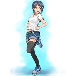  black_thighhighs blue_eyes blue_hair casual denim denim_shorts hair_ornament hairclip hands_on_hips idolmaster idolmaster_dearly_stars issei leg_up mizutani_eri open_mouth short_hair shorts smile solo standing_on_one_leg suspenders thigh-highs thighhighs 