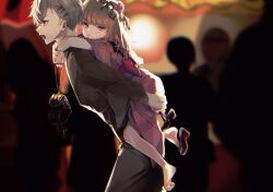  1boy 1girl :t alternate_costume backlighting bag blurry blurry_background brown_hair carrying commentary_request cure_heart_(artist) grey_hair grey_kimono handbag heart-shaped_bag highres holding holding_shoes holding_unworn_clothes japanese_clothes kimono kuzuha_(nijisanji) makaino_ririmu nijisanji okobo piggyback pink_eyes pink_kimono platform_sandals pout red_eyes sandals shoes unworn_shoes virtual_youtuber yukata 