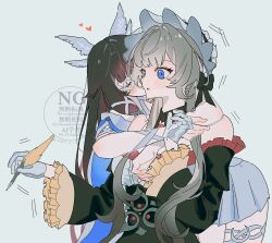  2girls arm_ribbon arms_around_neck bare_shoulders black_collar black_hair black_sleeves blue_eyes blush bonnet bow brown_hair closed_eyes closed_mouth collar columbina_(genshin_impact) commentary detached_collar detached_sleeves dress eye_mask genshin_impact gloves hair_ornament hair_ribbon head_wings heart highres holding holding_quill hug hug_from_behind kiss kissing_cheek long_hair long_sidelocks long_sleeves mask multicolored_hair multiple_girls multiple_wings non_ki purple_hair purple_streaks quill ribbon sandrone_(genshin_impact) see-through_clothes see-through_mask short_hair_with_long_locks sidelocks simple_background streaked_hair two-tone_hair untranslatable_commentary very_long_hair white_dress white_headdress white_mask white_wings wing_hair_ornament wings wrist_bow yuri 