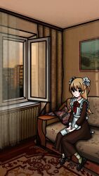  1girl apron blonde_hair blush brown_dress carpet couch curtains dress flesh_blood_&amp;_concrete frilled_straps full_body highres indoors loafers medium_hair neckerchief nika_(flesh_blood_&amp;_concrete) on_couch open_window pantyhose portrait_(object) red_neckerchief school_uniform shoes short_twintails solo soviet_school_uniform striped_clothes striped_pantyhose twintails white_apron window yume_awoo 