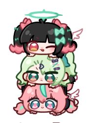  3girls angels_of_delusion aqua_streaks aria_(human)_(zenless_zone_zero) aria_(zenless_zone_zero) black_hair blue_eyes bow chibi chibi_only closed_mouth colored_inner_hair commentary girl_on_top green_bow green_eyes green_hair hair_bow hair_ornament hairclip halo highres looking_at_viewer multicolored_hair multiple_girls nangong_yu one_eye_closed open_mouth pink_hair red_eyes sharuu0718 simple_background smile streaked_hair sunna_(zenless_zone_zero) twintails white_background white_wings wings zenless_zone_zero 