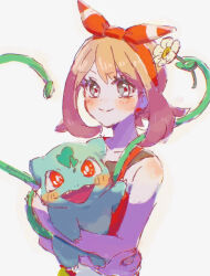  1girl blush bow_hairband brown_hair bulbasaur closed_mouth commentary_request eyelashes flower grey_eyes hairband happy highres holding holding_pokemon may_(pokemon) medium_hair plant pokemon pokemon_(creature) pokemon_omega_ruby_and_alpha_sapphire red_hairband red_shirt shigure_(pkmn12261485) shirt sleeveless sleeveless_shirt smile upper_body vines white_background white_flower 