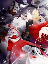  2girls absurdres arcaea black_hair blonde_hair bow_flower broken_glass chest_bow closed_eyes commentary_request dress glass glass_shards gloved_sleeves gloves hair_ribbon highres insight_(arcaea) long_hair long_sleeves maya_(arcaea) multicolored_hair multiple_girls necktie pelvic_curtain red_necktie red_wrist_cuffs ribbon single_shoulder_pad two-tone_hair upper_body white_dress white_gloves white_sleeves wrist_cuffs xettia 