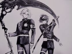  2boys absurdres ahoge aotsuki_eito armband belt chinese_commentary commentary_request gakuran glasses greyscale highres holding holding_scythe holding_sword holding_weapon hole_in_chest hole_on_body jacket last_defense_academy_school_uniform looking_at_viewer male_focus monochrome multicolored_hair multiple_boys mususky pants school_uniform scythe short_hair smile streaked_hair sumino_takumi sword the_hundred_line_-last_defense_academy- traditional_media weapon 