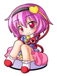  1girl black_hairband blue_shirt blush chibi chibi_only closed_mouth collared_shirt commentary_request disembodied_linked_eye faux_figurine frilled_sleeves frills full_body hair_between_eyes hair_ornament hairband heart heart_hair_ornament komeiji_satori long_sleeves pink_eyes pink_hair pink_skirt red_slippers shinjitsu shirt short_hair simple_background sitting skirt slippers smile socks solo touhou white_background white_socks 
